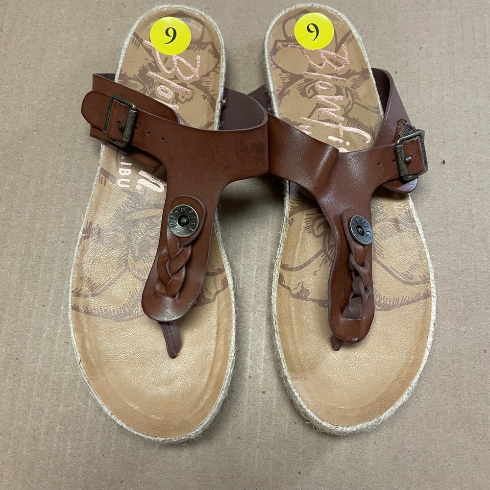 Blowfish Malibu Women's Espadrille Thong Sandals Brown Buckle Flip Flops Size 9